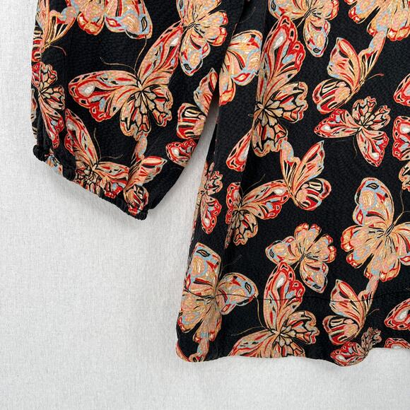 JOHNNY WAS Silk Akil Butterfly Print Top Womens XS Black V Neck 3/4 Puff Sleeve - Picture 9 of 13
